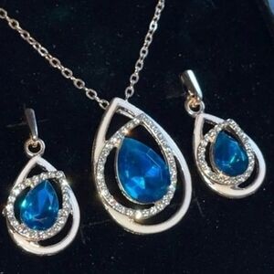 Blue Topaz Tear Drop Statement Necklace & Drop Earrings Party Jewelry Set